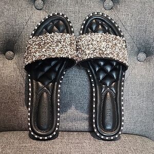 Wild Diva Black Slide Sandals with Silver Glitter Strap